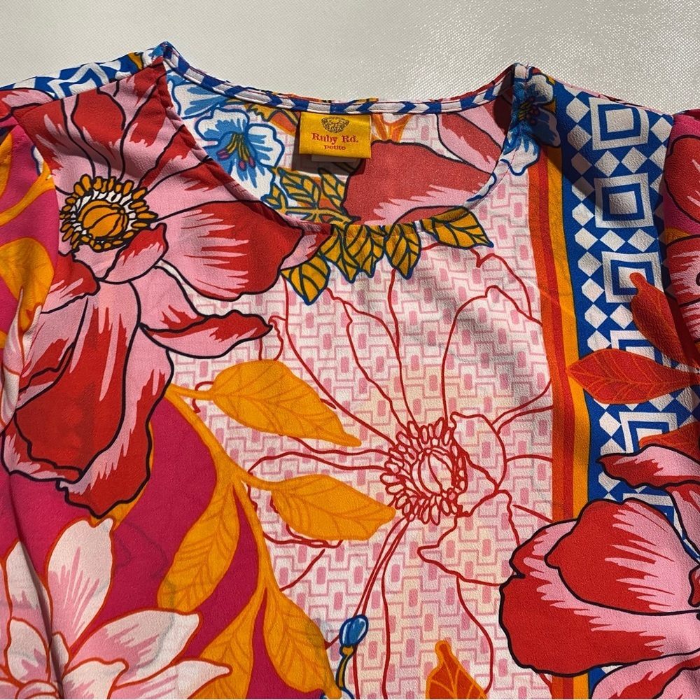 NEW Petite SIze PM Ruby Rd. Bright Blooms 3/4 Sleeve Floral Geo Print Blouse $65 - Picture 8 of 11